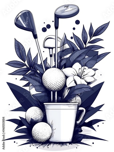Golf clubs, balls, and flowers in a cup