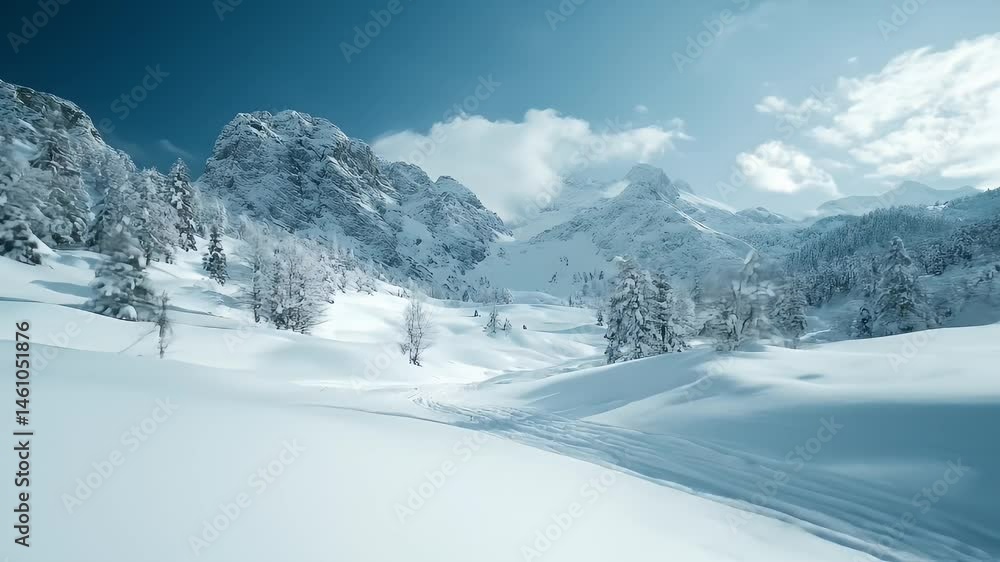 Scenic Winter Landscape with Snow Covered Mountains and Pine Trees Under a Blue Sky in Daylight with Snow Trails Scenic Winter Landscape with Snow Covered Mountains and Pine Trees Under a Blue Sky in Daylight with Snow Trails