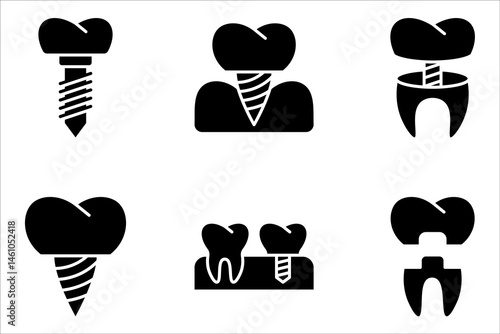 Dental implant icon set. Teeth health dentistry logo. Dental emblem. Tooth care pictogram. vector illustration on white background