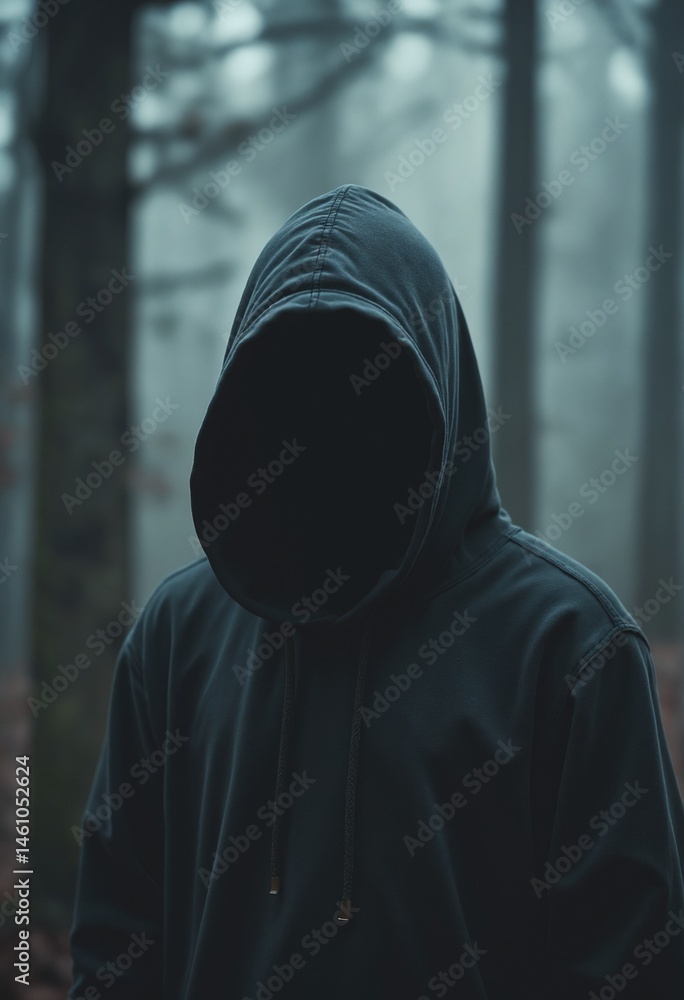 Mysterious Hooded Figure in Foggy Forest Mysterious Hooded Figure in Foggy Forest
