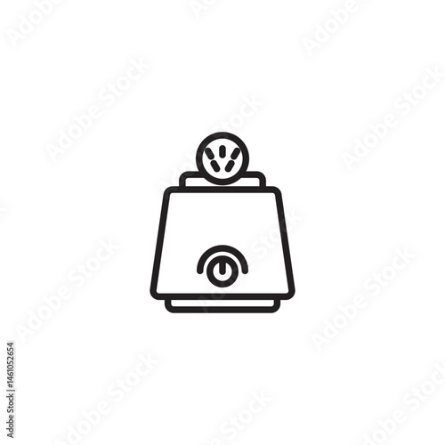 A stylized icon of a trapezoidal container with a lid featuring a circular design with three exclamation points. The container has a power button symbol on its front.