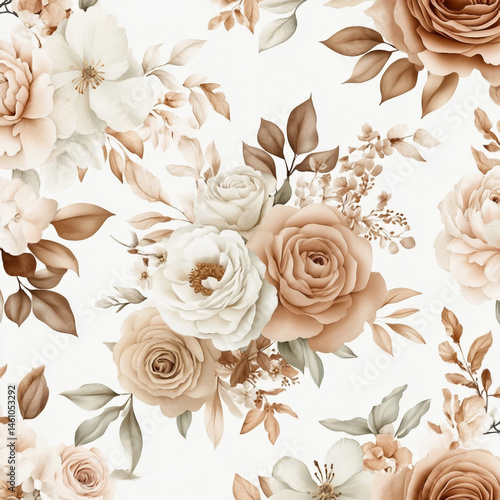Seamless Pattern Displays Roses and Leaves in Muted Tones on White Background