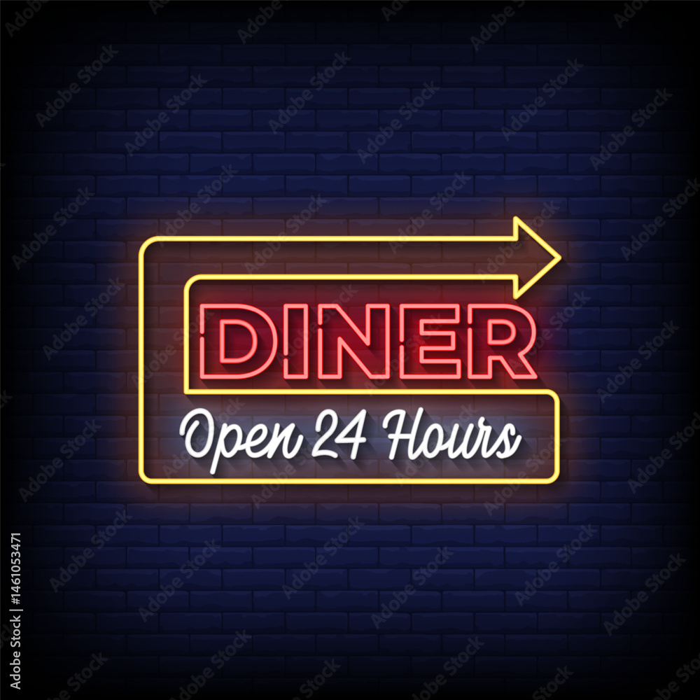 Obraz premium diner open 24 hours neon sign with brick wall background vector