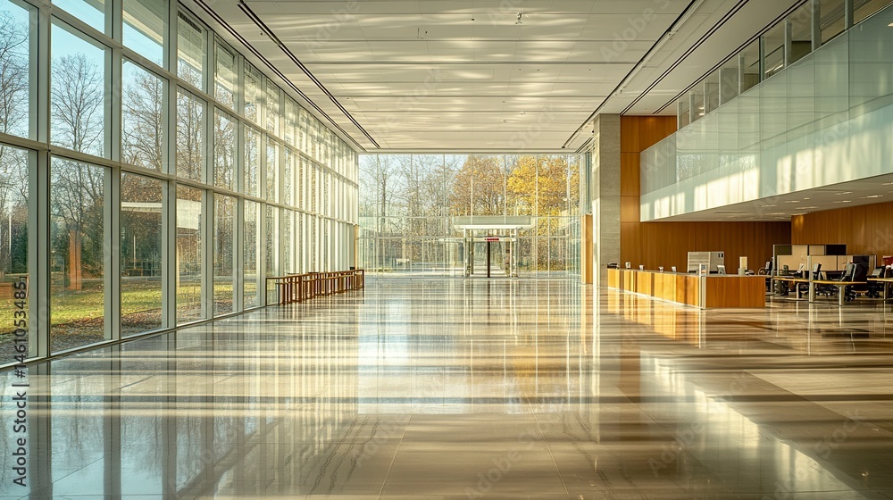 A large, open-plan office featuring polished flooring, uniform desks, and natural sunlight flooding the space through expansive glass walls A large, open-plan office featuring polished flooring, uniform desks, and natural sunlight flooding the space through expansive glass walls