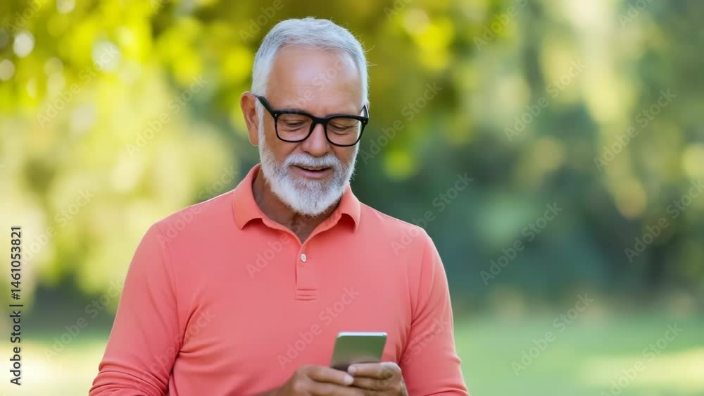 A man in a red shirt is smiling and holding a cell phone. Concept of happiness and leisure, as the man is enjoying his time outdoors A man in a red shirt is smiling and holding a cell phone. Concept of happiness and leisure, as the man is enjoying his time outdoors