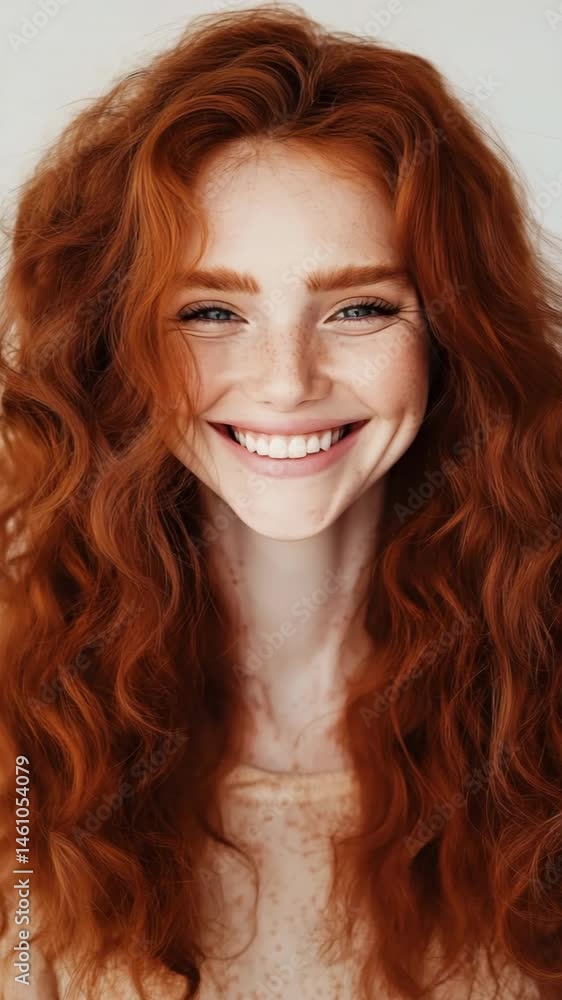 A woman with red hair and a blue eye. She has a lot of hair and it is very curly A woman with red hair and a blue eye. She has a lot of hair and it is very curly
