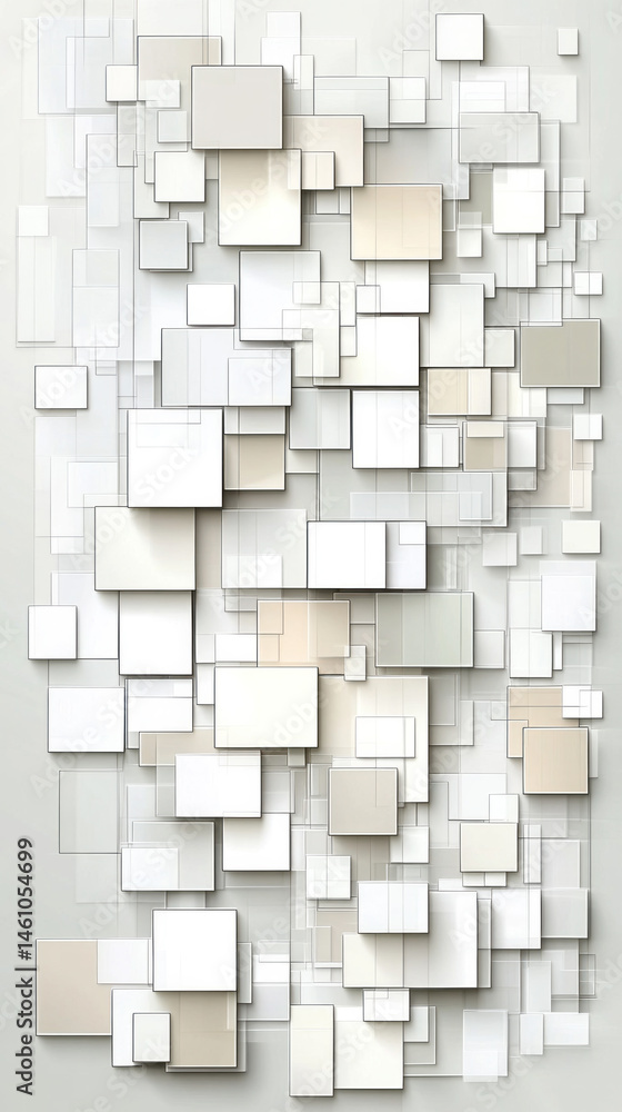 A white and gray abstract painting with many squares. The squares are of different sizes and are arranged in a way that creates a sense of depth and movement. The painting evokes a feeling of calmness A white and gray abstract painting with many squares. The squares are of different sizes and are arranged in a way that creates a sense of depth and movement. The painting evokes a feeling of calmness
