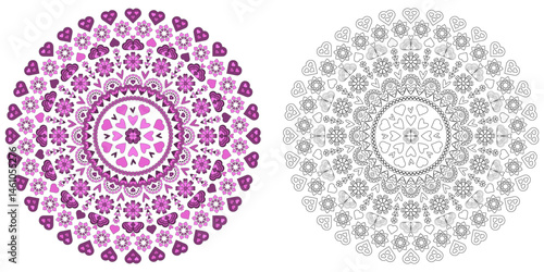Mandala ornament made of hearts in different shades of pink
Anti-stress coloring page
Coloring page for adults