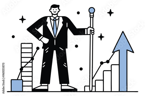 Flat Vector Illustration of Business Team Climbing Career Growth Steps with Gear Icons, Arrows, and Graph – Modern Concept for Leadership, Success, and Corporate Development.