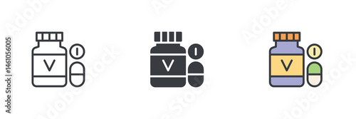 Bottle of vitamins capsules or pills different style icon set