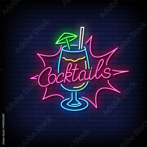 cocktails neon sign with brick wall background vector