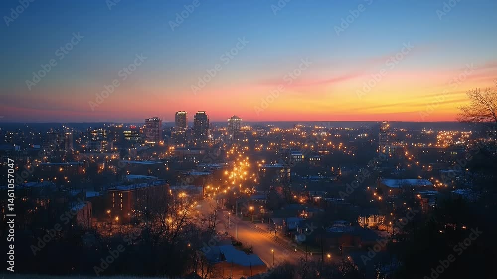 Orange Sunset Over City Skyline with Lit Streets and Dense Urban Sprawl View Orange Sunset Over City Skyline with Lit Streets and Dense Urban Sprawl View