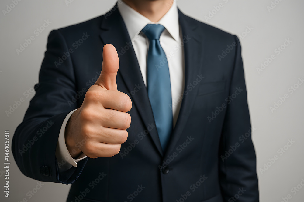 Confidence and Approval: A closeup of a businessman's hand, dressed in a sharp blue suit and white shirt with a tie, giving a thumbs-up gesture. The image conveys a sense of approval, positivity. Confidence and Approval: A closeup of a businessman's hand, dressed in a sharp blue suit and white shirt with a tie, giving a thumbs-up gesture. The image conveys a sense of approval, positivity.