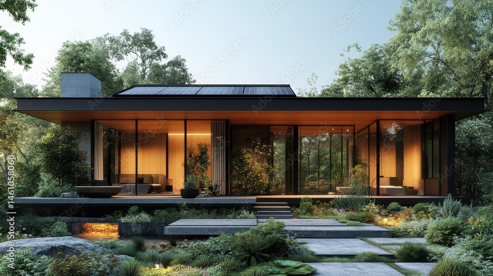 Contemporary dwelling nestled in lush greenery, bathed in soft light Contemporary dwelling nestled in lush greenery, bathed in soft light