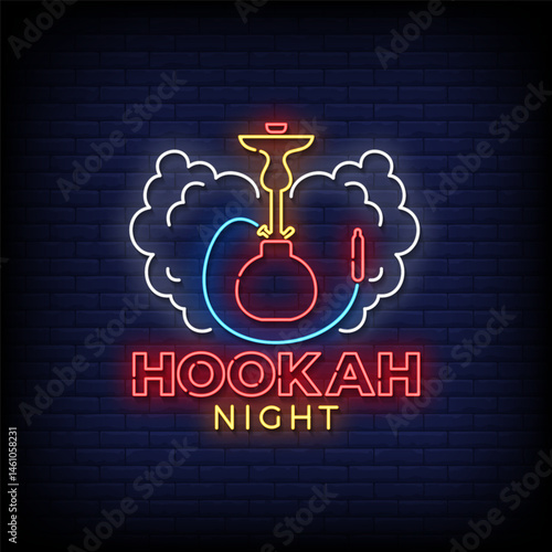 hookah night neon sign with brick wall background vector
