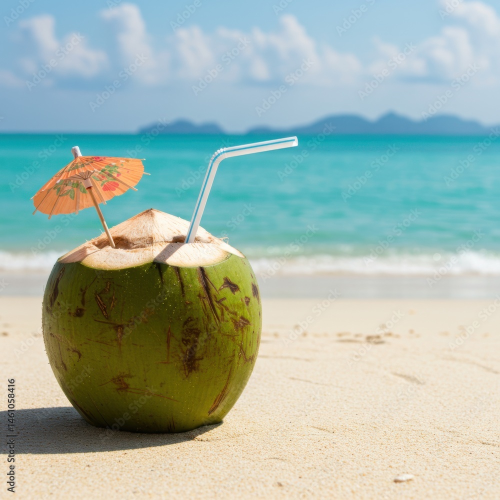 A coconut drink with straw and umbrella on a sandy beach with turquoise sea in the background view A coconut drink with straw and umbrella on a sandy beach with turquoise sea in the background view