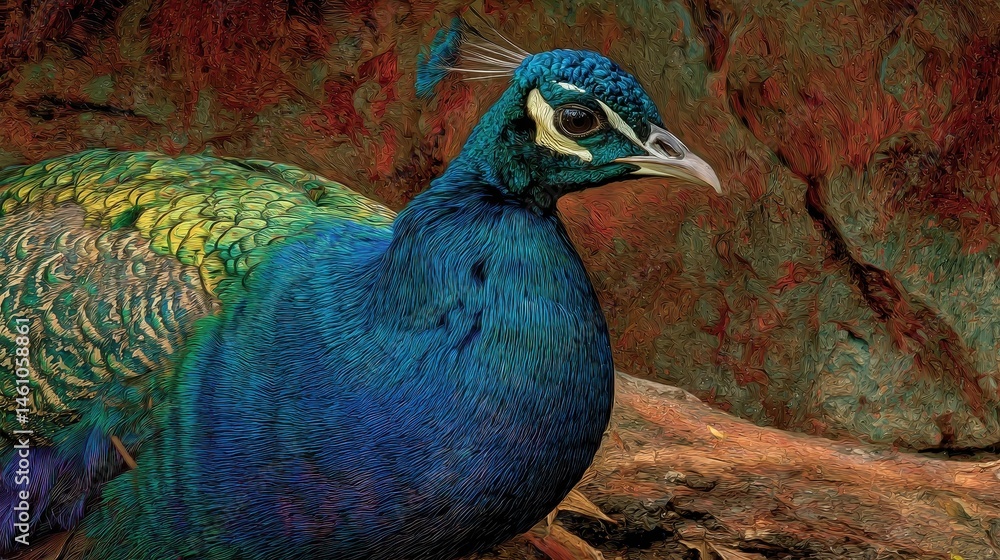 Obraz premium Close-up of a peacock with vibrant plumage against a textured backdrop.