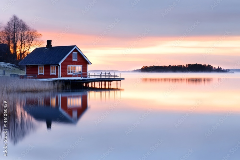 Red wooden cabin reflecting on a calm lake at sunrise Red wooden cabin reflecting on a calm lake at sunrise