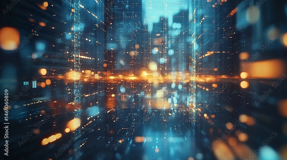 Obraz premium A sleek urban background with skyscraper reflections on glass panels, motion blur of city life, and glowing bokeh lights creating a futuristic real estate vision 