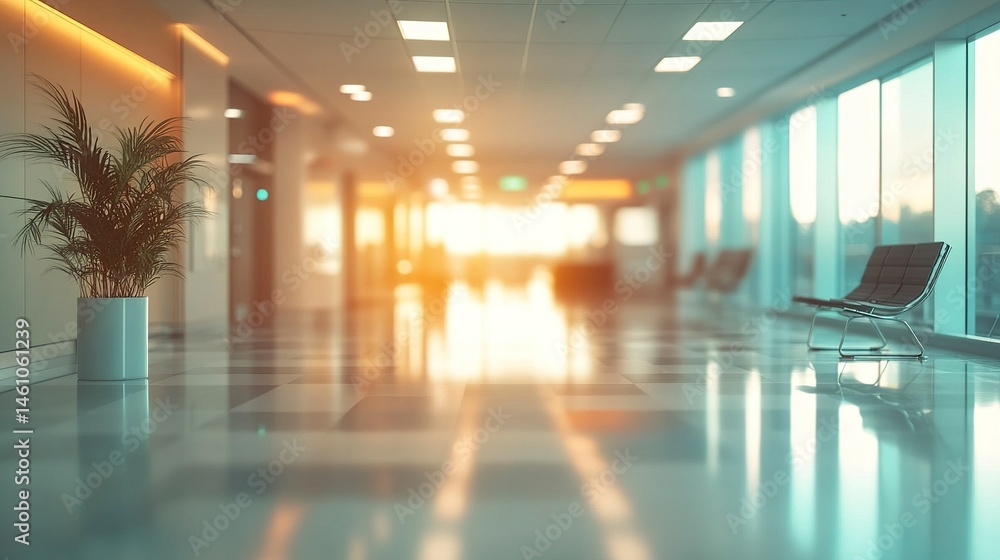 A soft-focused hospital lobby with clean, neutral tones, glass partitions, and glowing overhead lighting, creating a modern and calming atmosphere A soft-focused hospital lobby with clean, neutral tones, glass partitions, and glowing overhead lighting, creating a modern and calming atmosphere