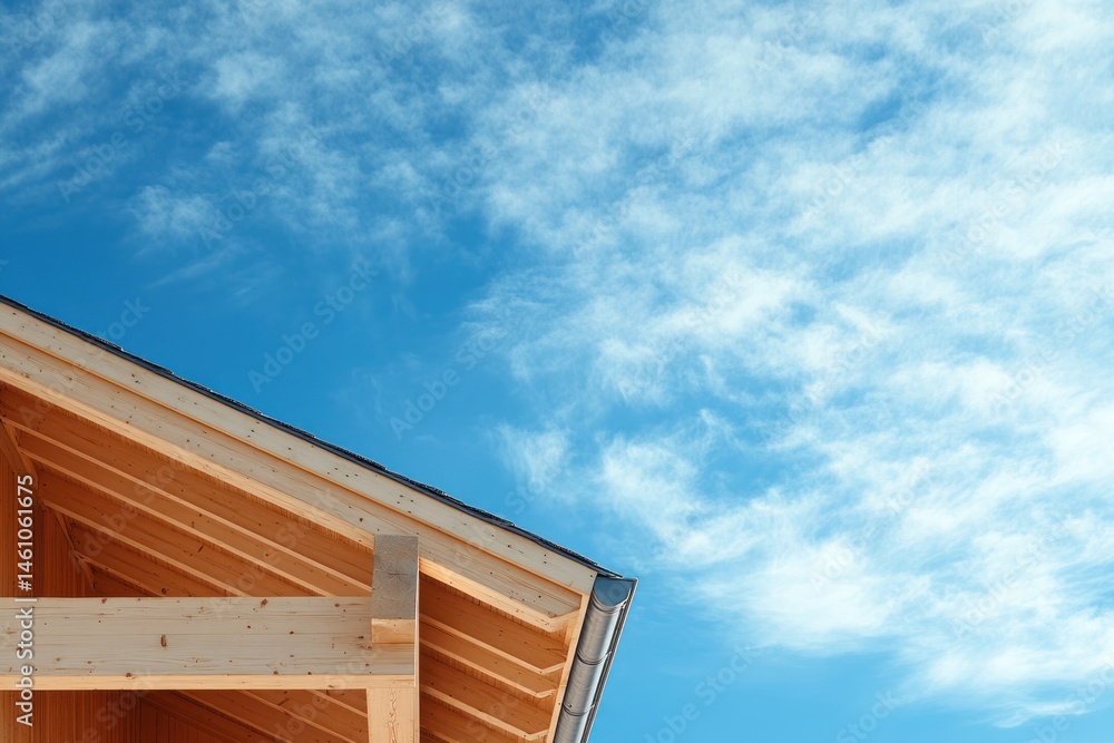 Obraz premium Wooden house under construction against a partly cloudy sky