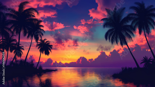 stunning tropical island paradise featuring palm silhouettes against vibrant sunset sky filled with pink, purple, and orange hues reflecting on calm waters