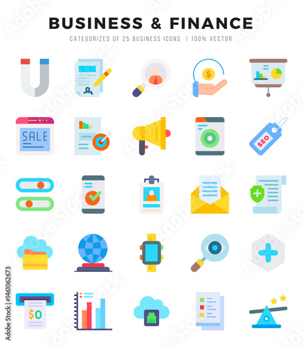 Set of simple Flat Business & Finance Icons. Flat art icons pack. Vector illustration.