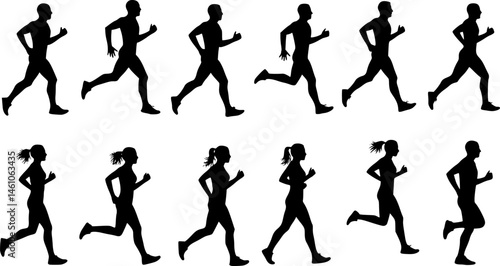 Running men and women, isolated vector silhouettes. Run, side view. Silhouettes of athletic looking male and female runners running. EPS 10 version.