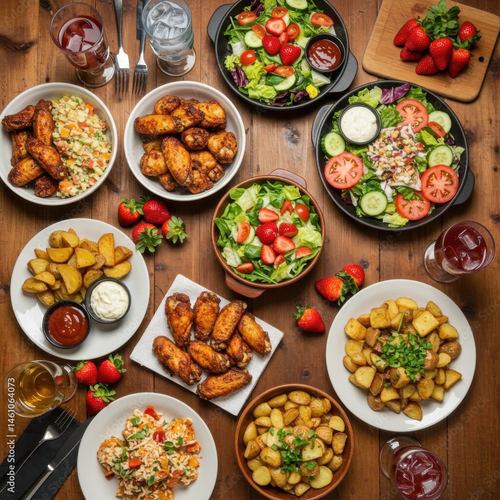 Overhead shot of a wooden table laden with various dishes including wings salads and potatoes Overhead shot of a wooden table laden with various dishes including wings salads and potatoes