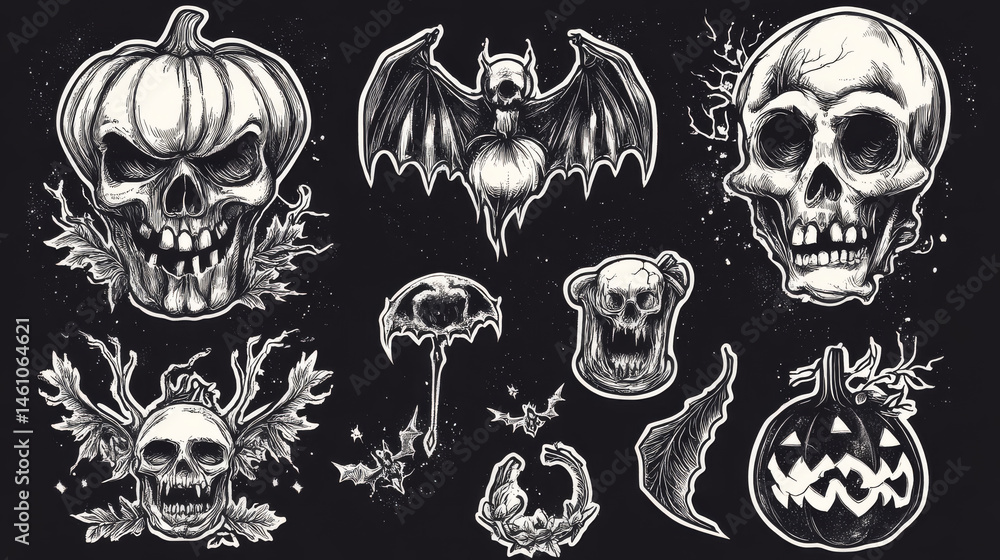 Fototapeta premium Spooky Halloween stickers set featuring skulls, pumpkins, bats, and eerie designs that evoke thrilling atmosphere. Perfect for festive decorations and creative projects