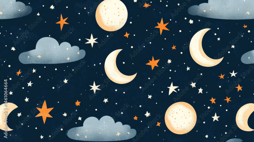 Naklejka premium Whimsical seamless pattern featuring stars, moons, and clouds in night sky. design evokes sense of wonder and imagination, perfect for various creative projects