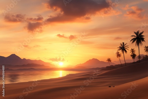 Sun setting over a tropical beach with palm trees and mountains