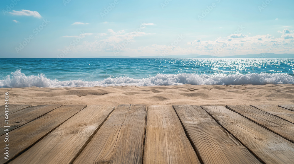 Fototapeta premium serene view of wooden floor on sandy beach, with gentle waves lapping at shore under bright blue sky. This picturesque scene evokes sense of tranquility and relaxation
