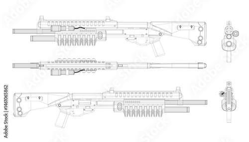 A gun is shown in three different views. The first is a close up of the gun's barrel. The second is a side view of the gun. The third is a top view of the gun