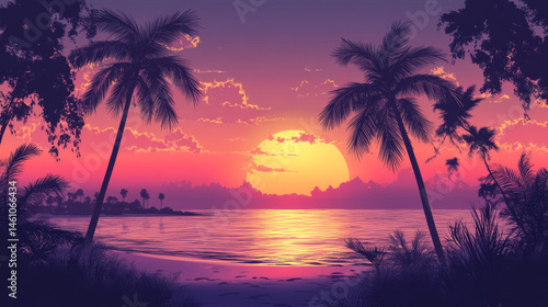 serene panoramic beach landscape featuring palm trees silhouetted against vibrant sunset. warm hues of orange and pink reflect on calm water, creating tranquil atmosphere
