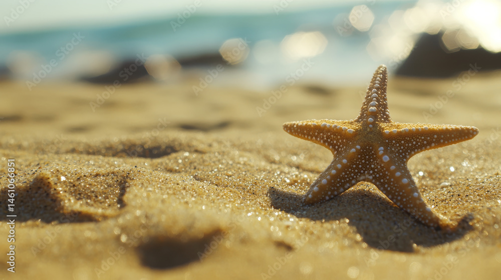 beautiful starfish rests on sandy beach, evoking feelings of summer and relaxation. sun glistens on water in background, creating serene coastal atmosphere beautiful starfish rests on sandy beach, evoking feelings of summer and relaxation. sun glistens on water in background, creating serene coastal atmosphere