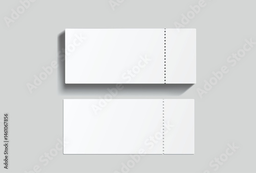 Realistic 3D Ticket Mockup with one stud rip line. Blank template design for lottery coupon, voucher, entertainment show, event, concert, boarding pass, discount, flyer isolated on background. Vector
