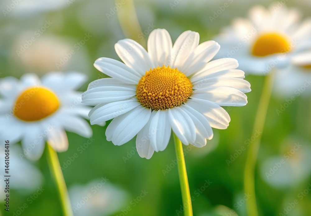 Naklejka premium Close-Up View of White Daisy Flower with Yellow Center Surrounded by Blurred Green Background in Springtime Blooming Garden