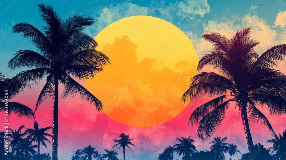sunset scene featuring palm trees silhouetted against large, colorful sun. sky is filled with hues of orange, pink, and blue, creating serene and tropical atmosphere sunset scene featuring palm trees silhouetted against large, colorful sun. sky is filled with hues of orange, pink, and blue, creating serene and tropical atmosphere