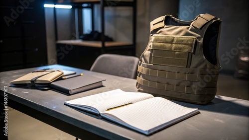 A bulletproof vest sits on a desk beside open notebooks and folders in a dimly lit office setting.