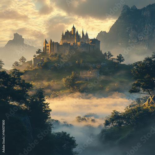 Castle nestled in forest clearing, moss-covered stones and ivy climbing walls. Tower reaching sky, creating a fairy tale scene.