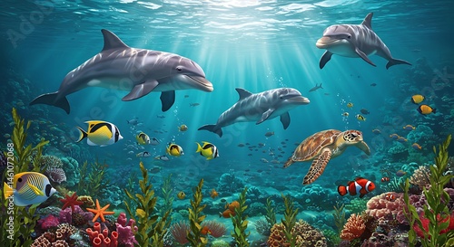Dolphins Swimming with Turtle and Fish Over Coral Reef