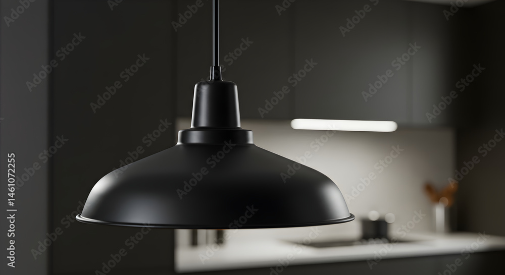 Hanging Black Metal Pendant Lamp In A Modern Kitchen Interior Setting Hanging Black Metal Pendant Lamp In A Modern Kitchen Interior Setting