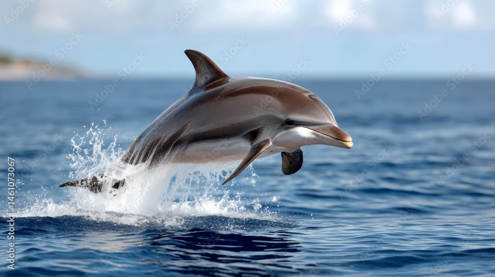 Fototapeta premium Dolphin is leaping out of the water. Concept of freedom and joy as the dolphin soars through the air