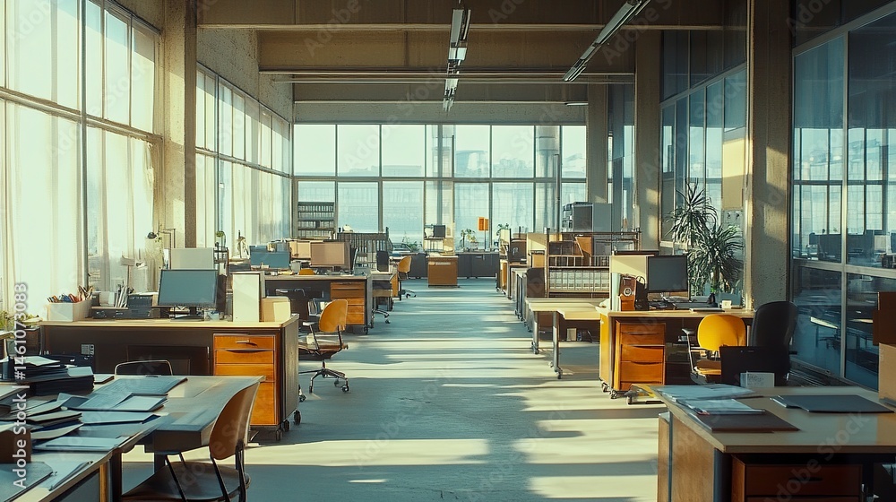 Open-plan office with long rows of desks and chairs, surrounded by glass walls that let in abundant sunlight, showcasing a clean and modern design Open-plan office with long rows of desks and chairs, surrounded by glass walls that let in abundant sunlight, showcasing a clean and modern design