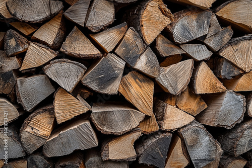 Artfully stacked firewood creates a rustic and visually textured woodpile scene