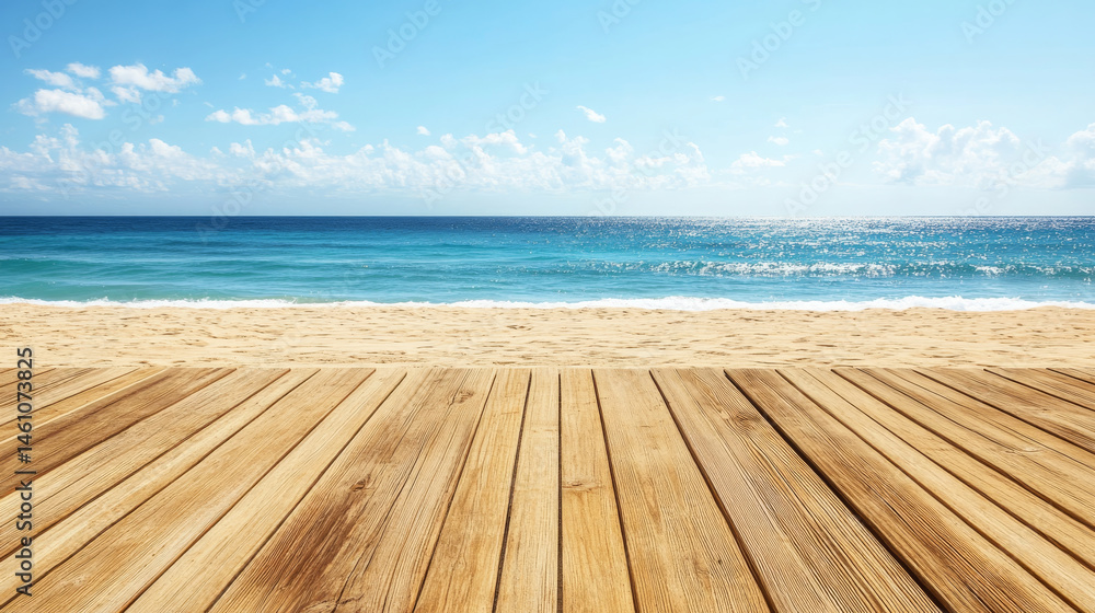 Fototapeta premium serene wooden floor on sandy beach, perfect for product display, offers stunning view of calm ocean and bright blue sky, evoking sense of relaxation and tranquility