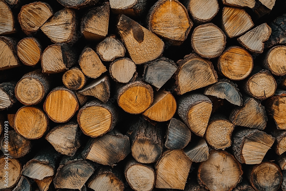 Pile of seasoned firewood showing natural wood grain and bark texture