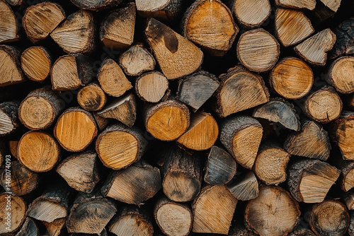 Obraz na płótnie Pile of seasoned firewood showing natural wood grain and bark texture w salonie