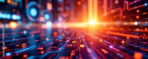 create an abstract image with a technological theme in the background, featuring a soft glow and side lighting